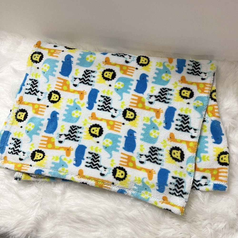 Baby Gear Blue White Orange Safari Zoo Animals Blanket Security Lovey Soft 28x38